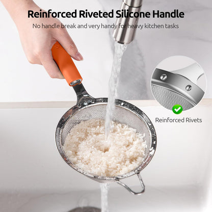 U-Taste Medium Fine Mesh Strainer: 18/8 Stainless Steel 4.73in 30 Mesh Kitchen Food Sieve with Sturdy Riveted Silicone Handle, Heavy Duty Deep Handheld Metal Colander for Rice, Quinoa, Flour (Black)
