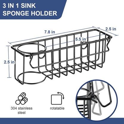 3-In-1 Sponge Holder for Kitchen Sink with Suction Cups & Adhesive Hook , In-sink Sponge Holder, Wall Hanging Sink Caddy Organizer Rack - Sponge, Dish Cloth, Brush, Scrubber - 304 Stainless Steel