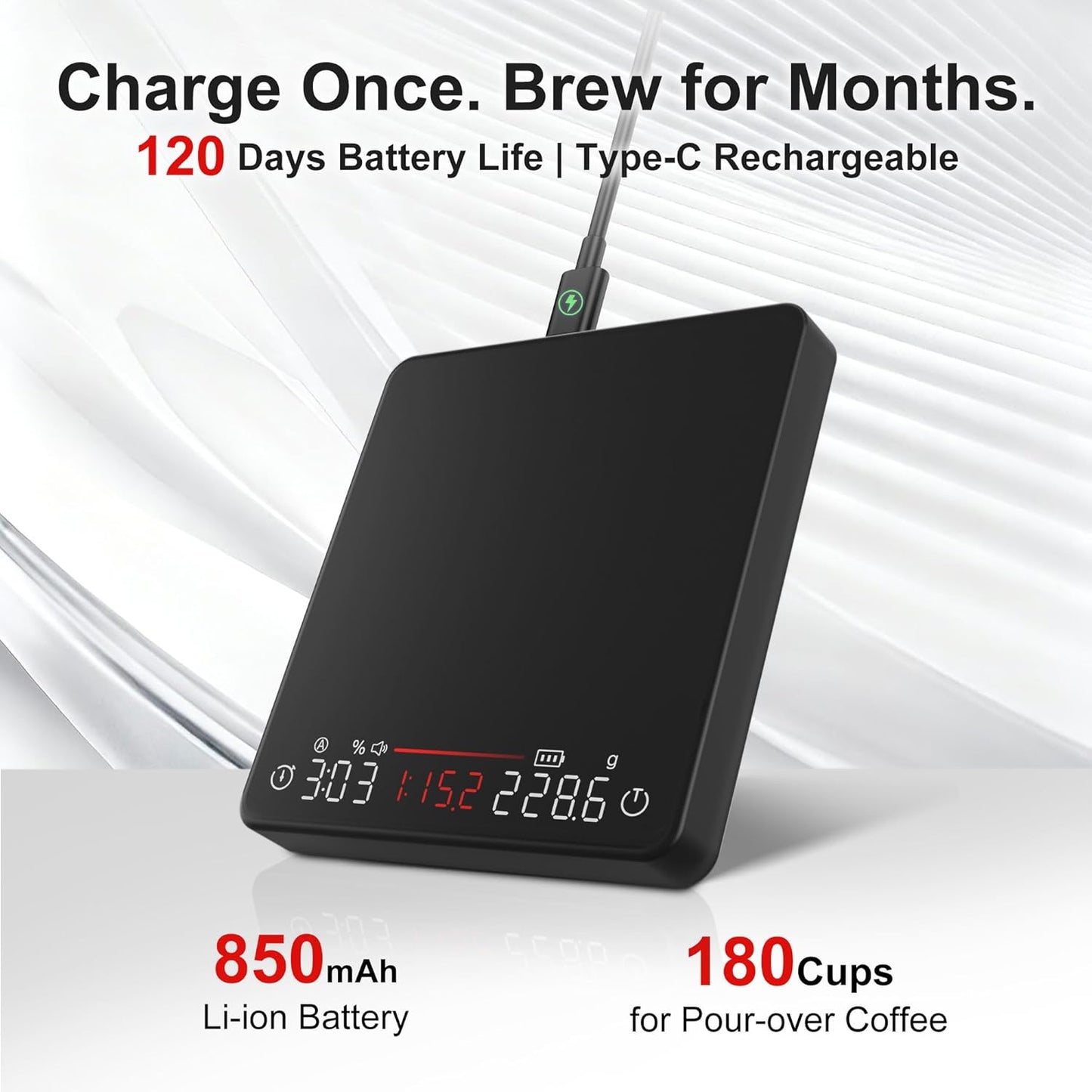 Coffee Scale, Espresso Scale, Weigh Digital Kitchen Scale with Timer, 2kg/0.1g Rechargeable Scale, Ratios & Flow Rate Display, Barista-Grade for Pour-Over, Espresso, French Press – Black