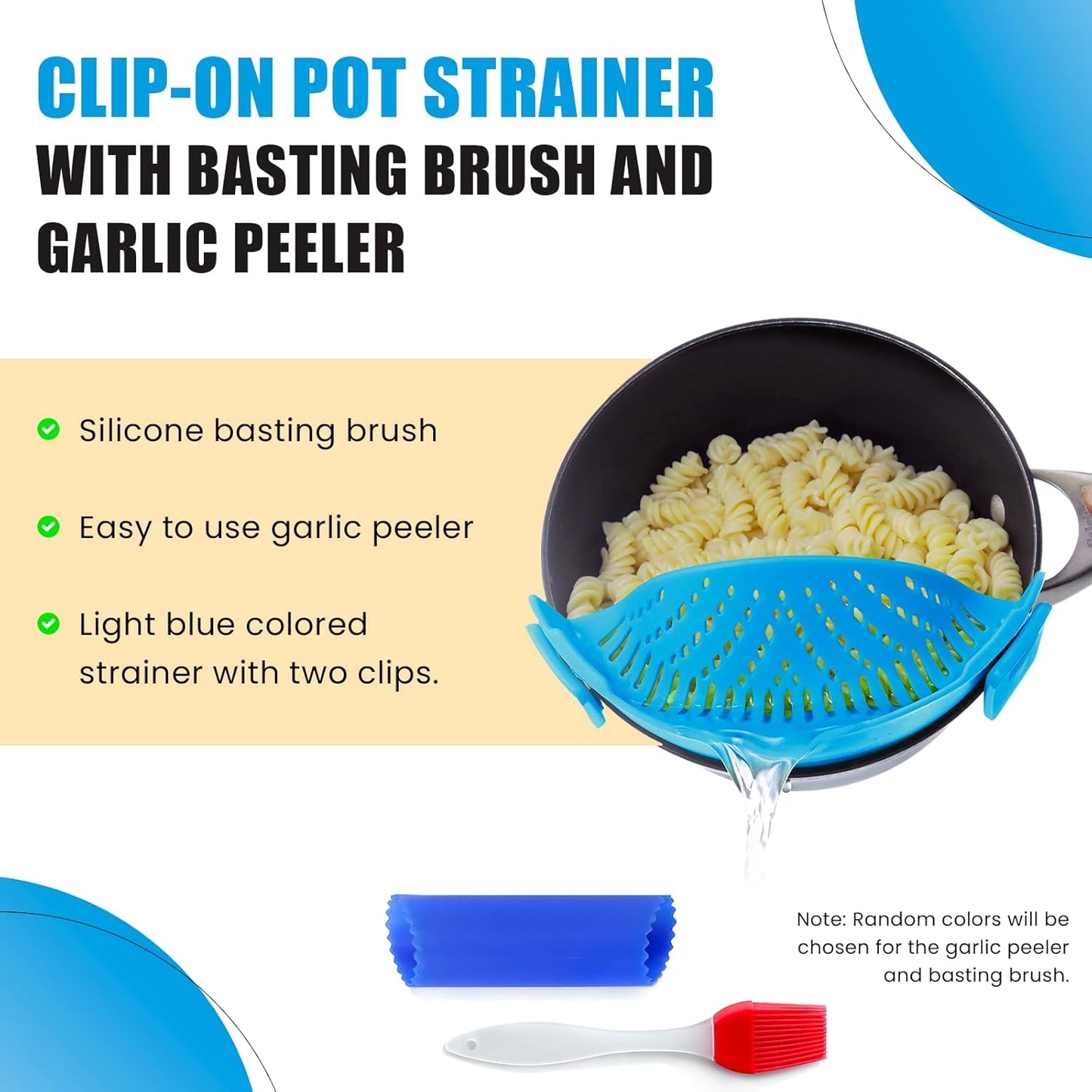 Clip On Kitchen Food Strainer for Spaghetti, Meat, Pasta, & Ground Beef Grease, Colander & Sieve Snaps or Clips Onto Bowls, Pots & Pans Includes Silicone Drainer, Brush & Garlic Peeler (Dk Red)