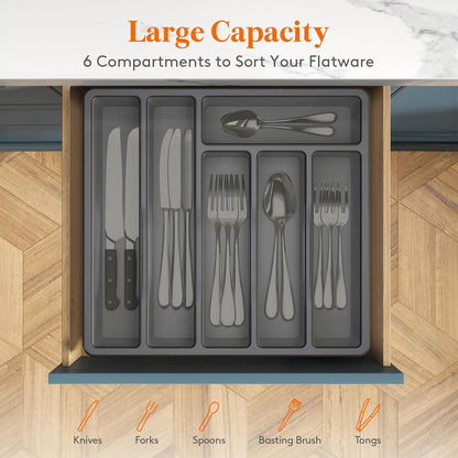 Lifewit Silverware Organizer with Lid, Covered Utensil Tray for Kitchen Drawer and Countertop, Plastic Cutlery and Flatware Storage Box for Spoons Forks Knives Holder Case, 12.6x11.8", Gray