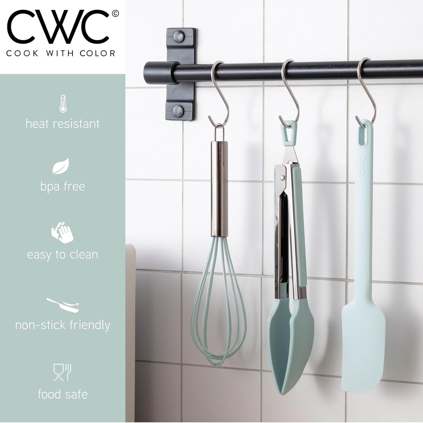 COOK WITH COLOR Stainless Steel Silicone Tipped Kitchen & BBQ Tongs Set, 3 Pc Utensils, Grey