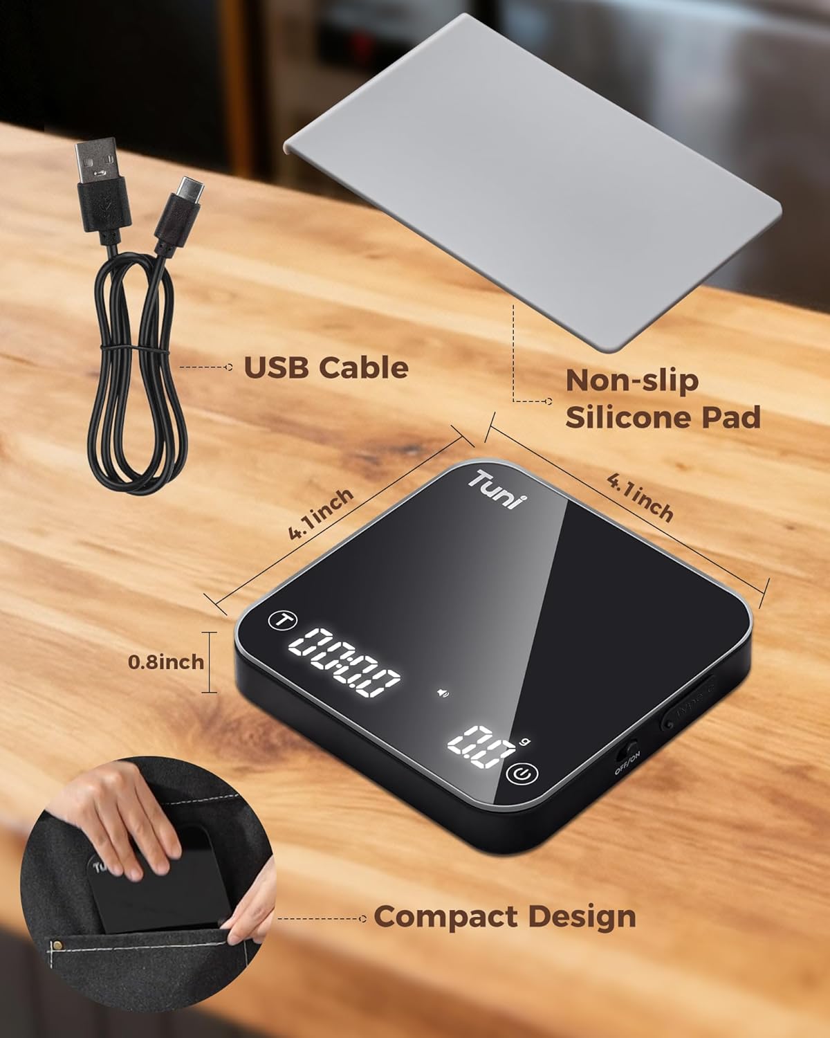 Tuni Rechargeable Mini Coffee Scale with Timer, 2kg/0.1g Accurate Espresso Scale for Espresso and Pour-Over Coffee, Portable Digital Kitchen Scale with Automatic Timing, White