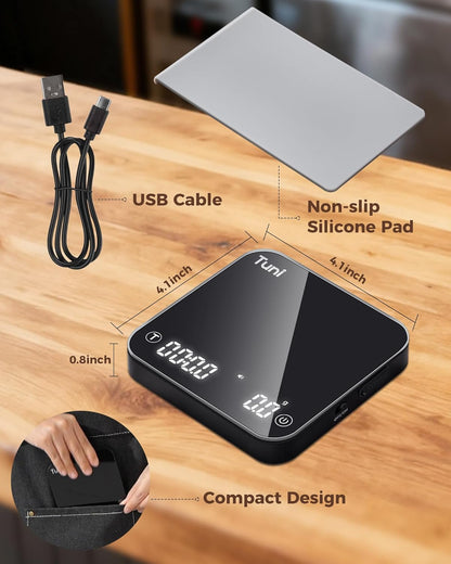 Tuni Rechargeable Mini Coffee Scale with Timer, 2kg/0.1g Accurate Espresso Scale for Espresso and Pour-Over Coffee, Portable Digital Kitchen Scale with Automatic Timing, White