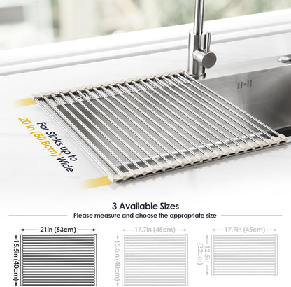 Tomorotec 17.7" x 15.5" Roll Up Dish Drying Rack Over Sink Drying Rack Sink Cover Kitchen Sink Accessories Gadget Multipurpose Organizer Foldable Stainless Steel Drainer