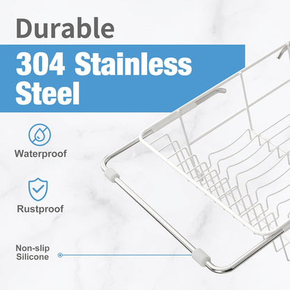 JASIWAY Roll Up Dish Drying Rack, Expandable (12.8"-23.8" D x 12.8" W) Stainless Steel Portable Drainer for Kitchen Sink Counter, Foldable Over The Sink Cover with Removable Utensil Holder