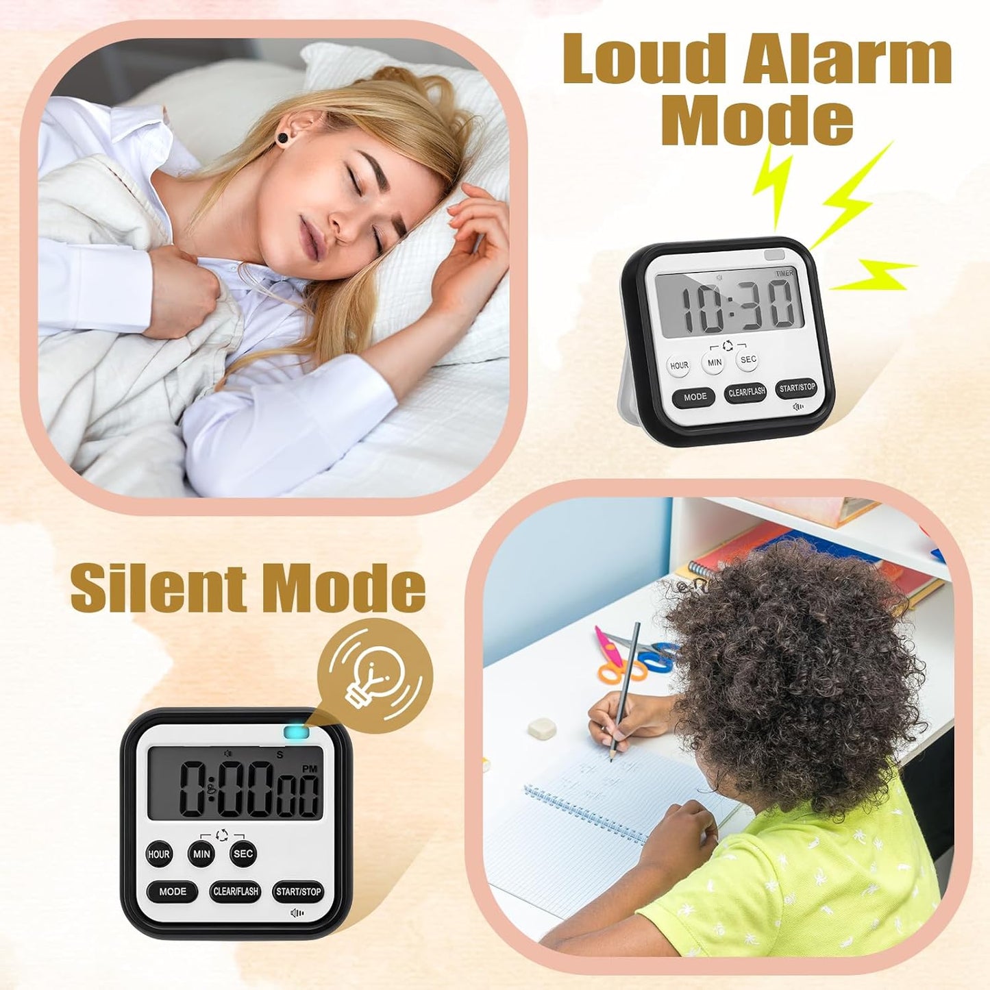 Leumoi 2 Pcs Digital Kitchen Timer 24 Hour Clock and Alarm Function Timer On/Off Switch Minute Second Count up Countdown Loud Alarm for Exercise Cook Baking(White)