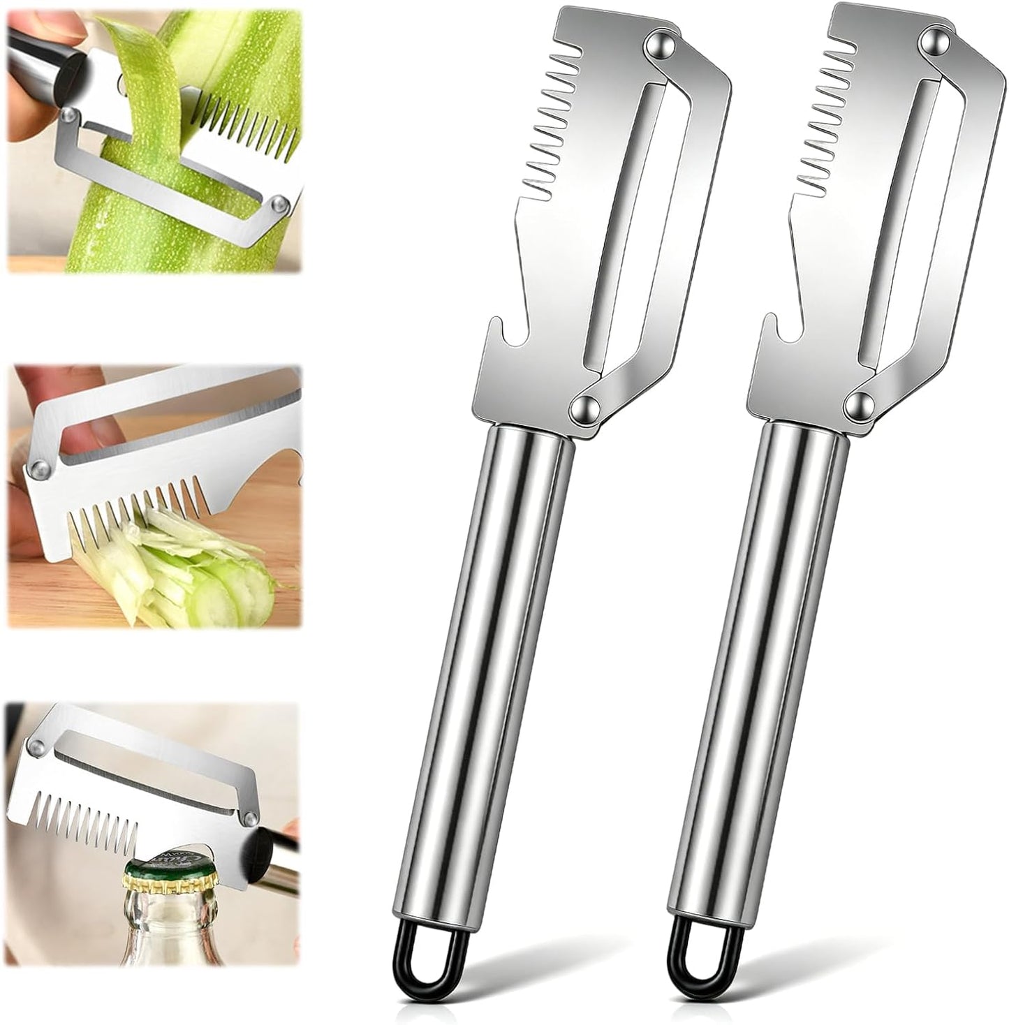 Multifunctional Vegetable Peeler 2-Pack, 3-in-1 Kitchen Peeler with Julienne Grater & Bottle Opener, Durable Stainless Steel Handle for Potato, Carrot, Apple (B)