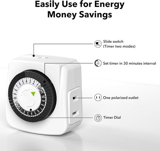 BN-LINK Heavy Duty Mechanical 24 Hour Timer Dual Outlet 3-Prong Accurate Indoor for Lamps Fans Christmas Lights White AC 1875W 1/2 HP, ETL Listed