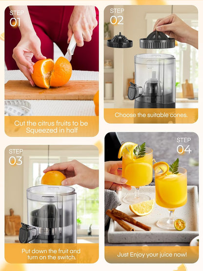 FOHERE Citrus Juicer Electric, Hand-Free Orange Juicer Machine with 2 Interchangeable Cones, Automatic Juice Squeezer for Orange, Lemon, Grape, Pomegranate, Cleaning Brush Included