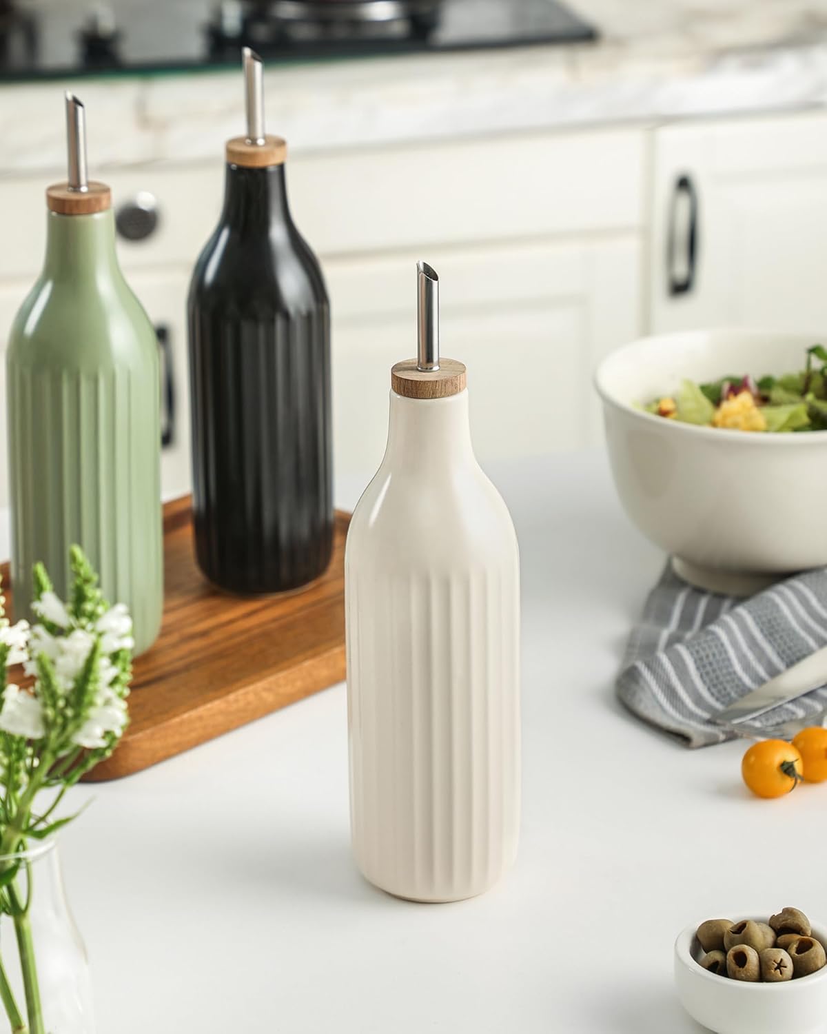 FE FUN ELEMENTS Olive Oil Dispenser Bottle, 19 oz Oil Dispenser for Kitchen and Vinegar Dispenser Bottle, Suitable for Vinegar, Coffee Syrups & Other Liquids, Off White