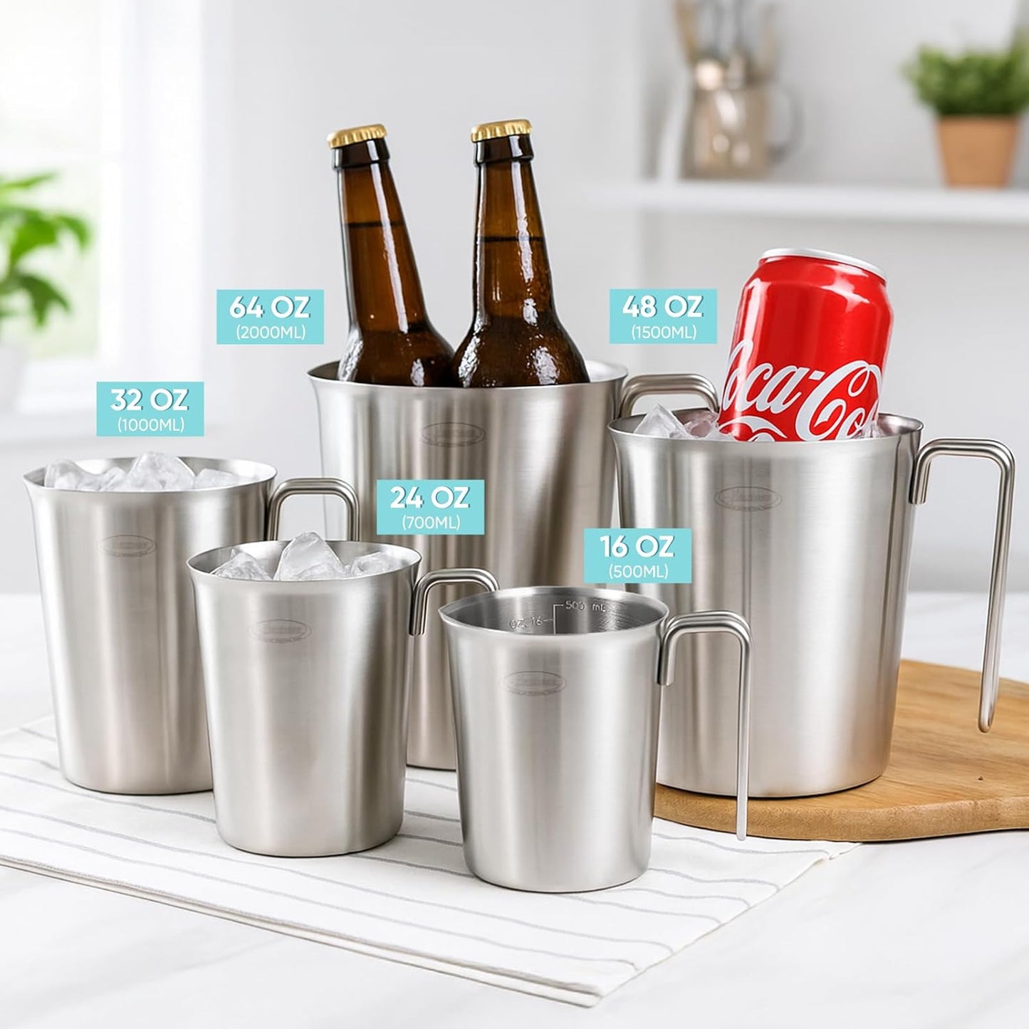 Newness Stainless Steel Measuring Cup, Metal Measuring Cup with Handle (Upgraded, 3 Marking Including Cup/ML/Ounce Scale), 16 Ounces (0.5 Liter, 2 Cup)