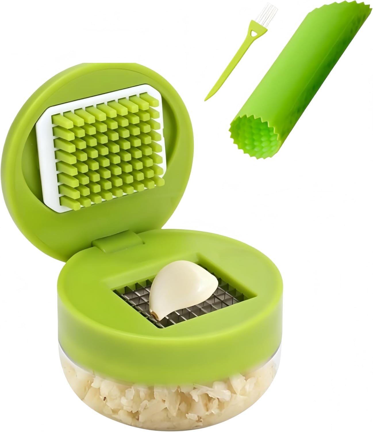 3 Pack Garlic Press Stainless Steel, Garlic Chopper, Garlic Slicer, Garlic Mincer Tool with Storage Container, Peeler & Cleaning Brush for Home Cooks Chefs