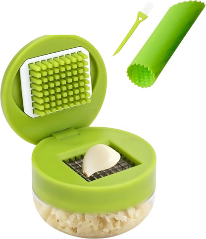 3 Pack Garlic Press Stainless Steel, Garlic Chopper, Garlic Slicer, Garlic Mincer Tool with Storage Container, Peeler & Cleaning Brush for Home Cooks Chefs
