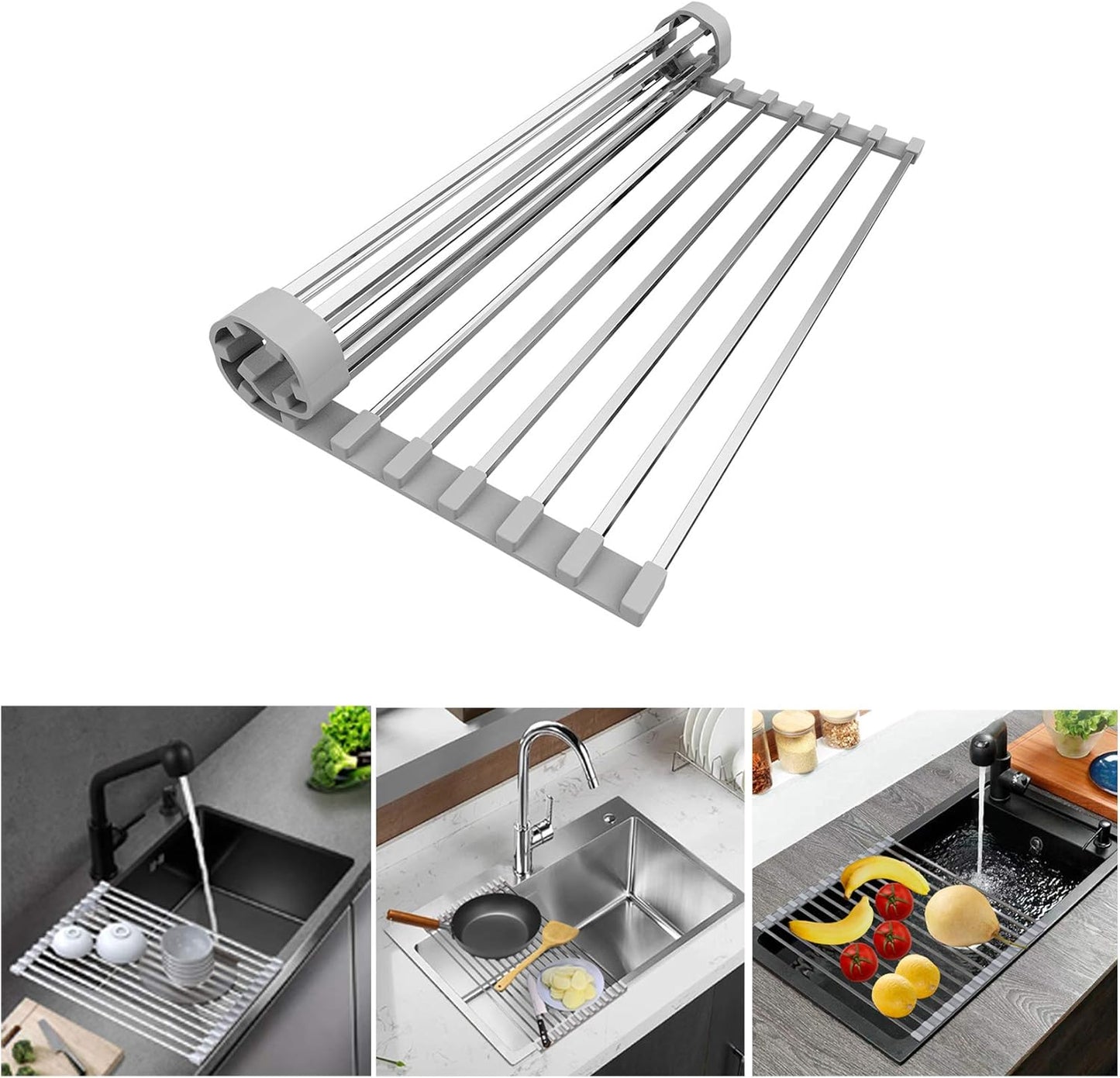 LUEXBOX Expandable Dish Drying Rack Over The Sink, Stainless Steel Drainer Basket with Adjustable Arms for Vegetable and Fruit (Grey)