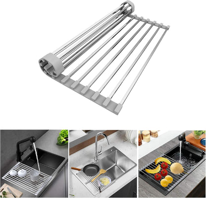 LUEXBOX Expandable Dish Drying Rack Over The Sink, Stainless Steel Drainer Basket with Adjustable Arms for Vegetable and Fruit (Grey)