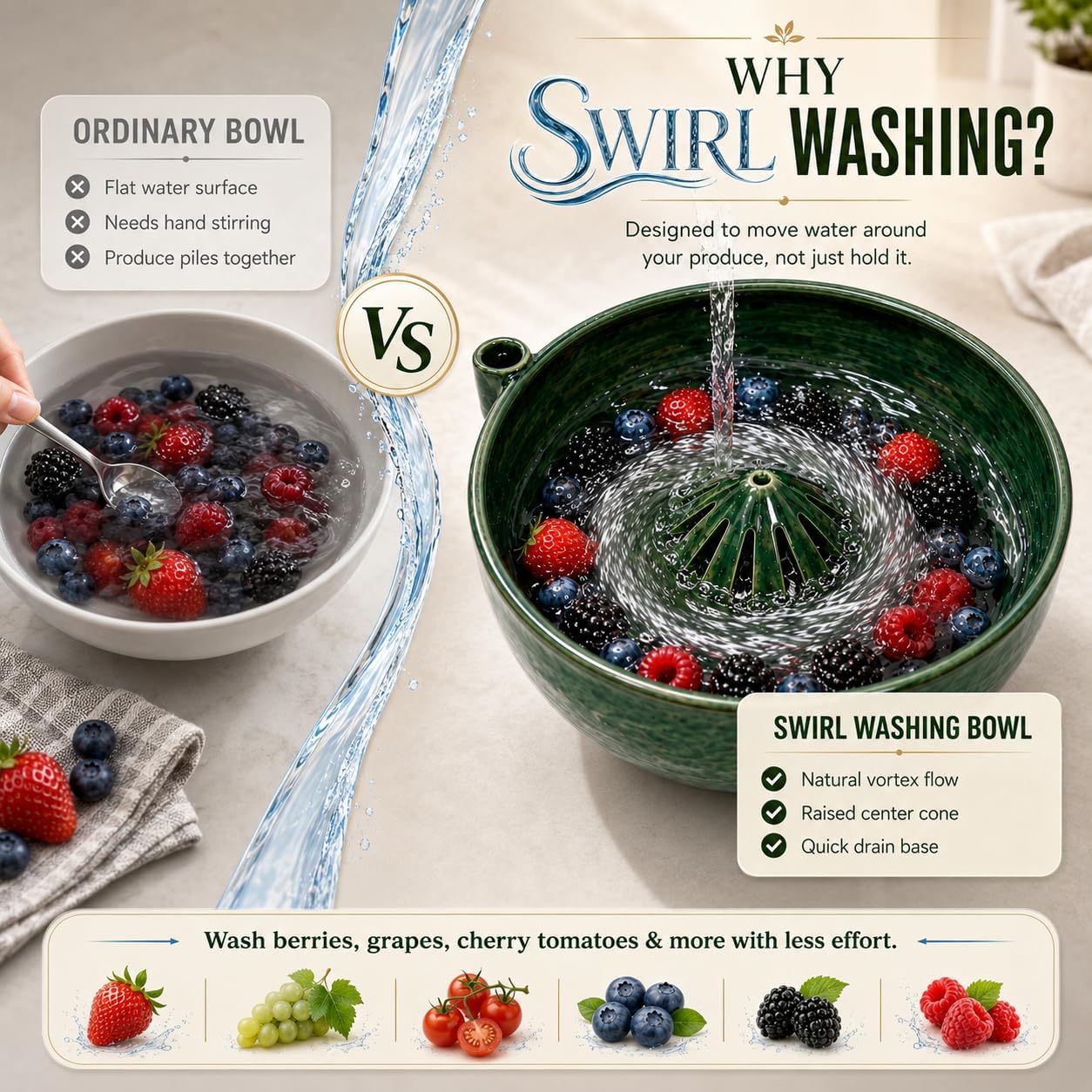 2026 Self Spinning Berry Washing Bowl, 360 Degree Cleaning Fruit Swirl Colander Center Cone, Fruit Washer Spinner Bowl, Berry Washer Spinner for Kitchen Serving and Produce Prep