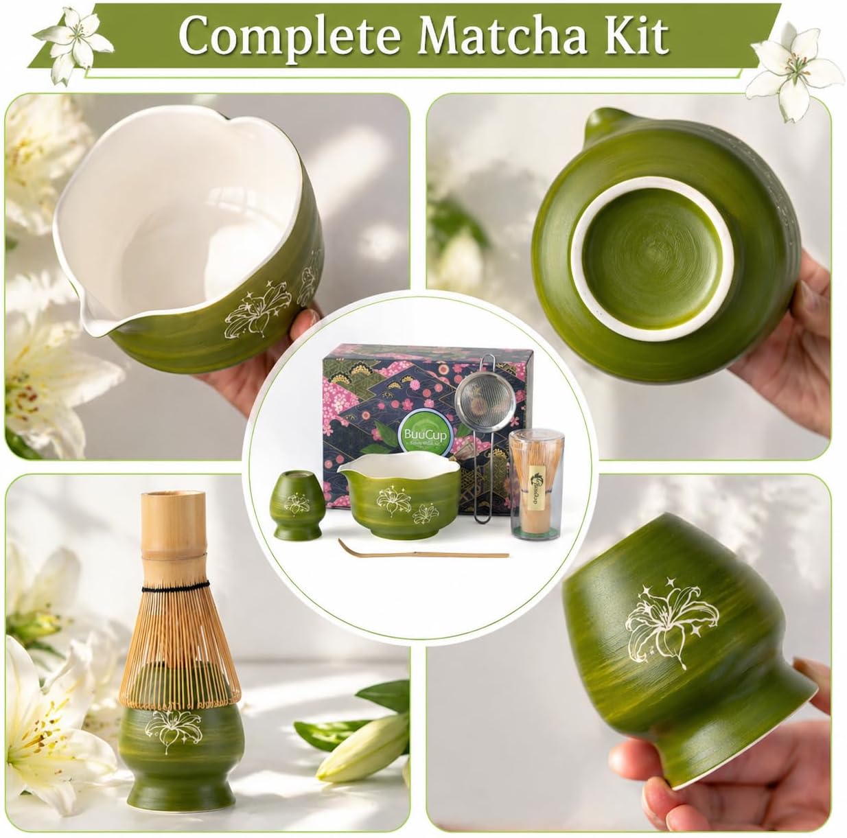 Buucup Matcha Set, Matcha Bowl with Spout, Matcha Whisk and Holder, Bamboo matcha Scoop and Stainless Sifter - 5 Pcs Jade Green Matcha Set Kit for Matcha Lover