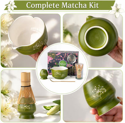 Buucup Matcha Set, Matcha Bowl with Spout, Matcha Whisk and Holder, Bamboo matcha Scoop and Stainless Sifter - 5 Pcs Jade Green Matcha Set Kit for Matcha Lover