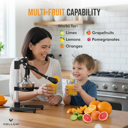 Vollum Hand Press Manual Citrus Juicer - citrus squeezer Commercial Grade Home Orange juice Squeezer for Oranges, Lemons, Limes - Stainless Steel and Cast Iron Non-skid Suction Cup Base- 15 Inch, Gray