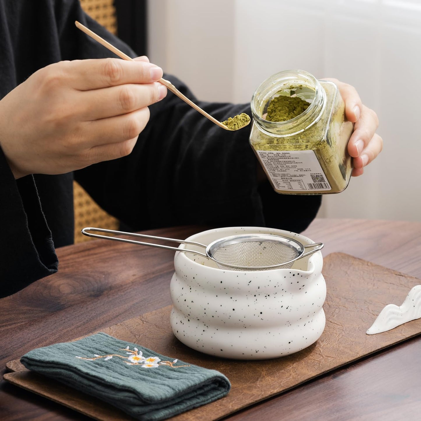 7Pcs Japanese Matcha Tea Set, Matcha Kit with Matcha Bowl (with Pouring Spout), Matcha Whisk, Whisk Holder, Strainer - Elegant Matcha Set for Gifting and Personal Use, Gift Box Packaging