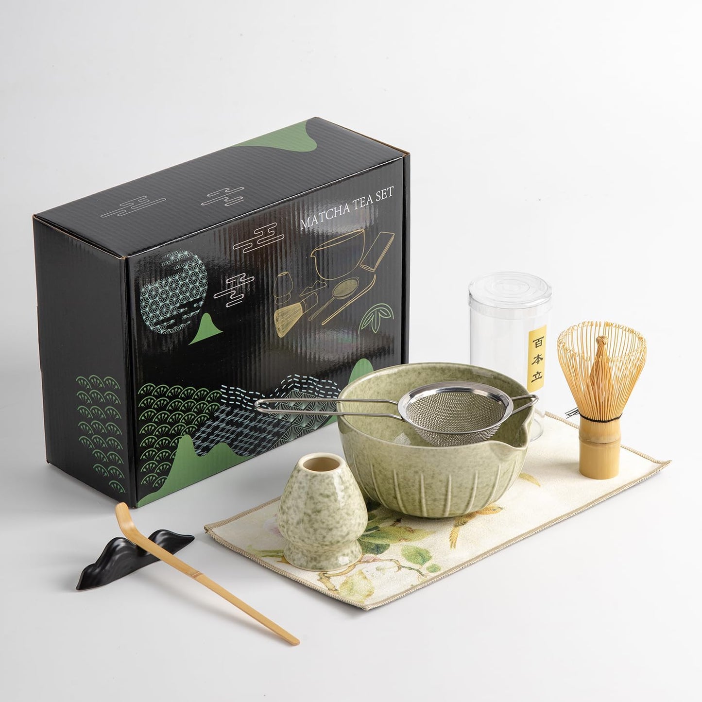 DWEHIXBUY matcha whisk set Ceremony Accessory, Matcha Whisk, Traditional Scoop (Chashaku), Tea Spoon, Whisk Holder, 1 tea bowl, 1 tea siev, 7pcs matcha set.matcha green matcha kit