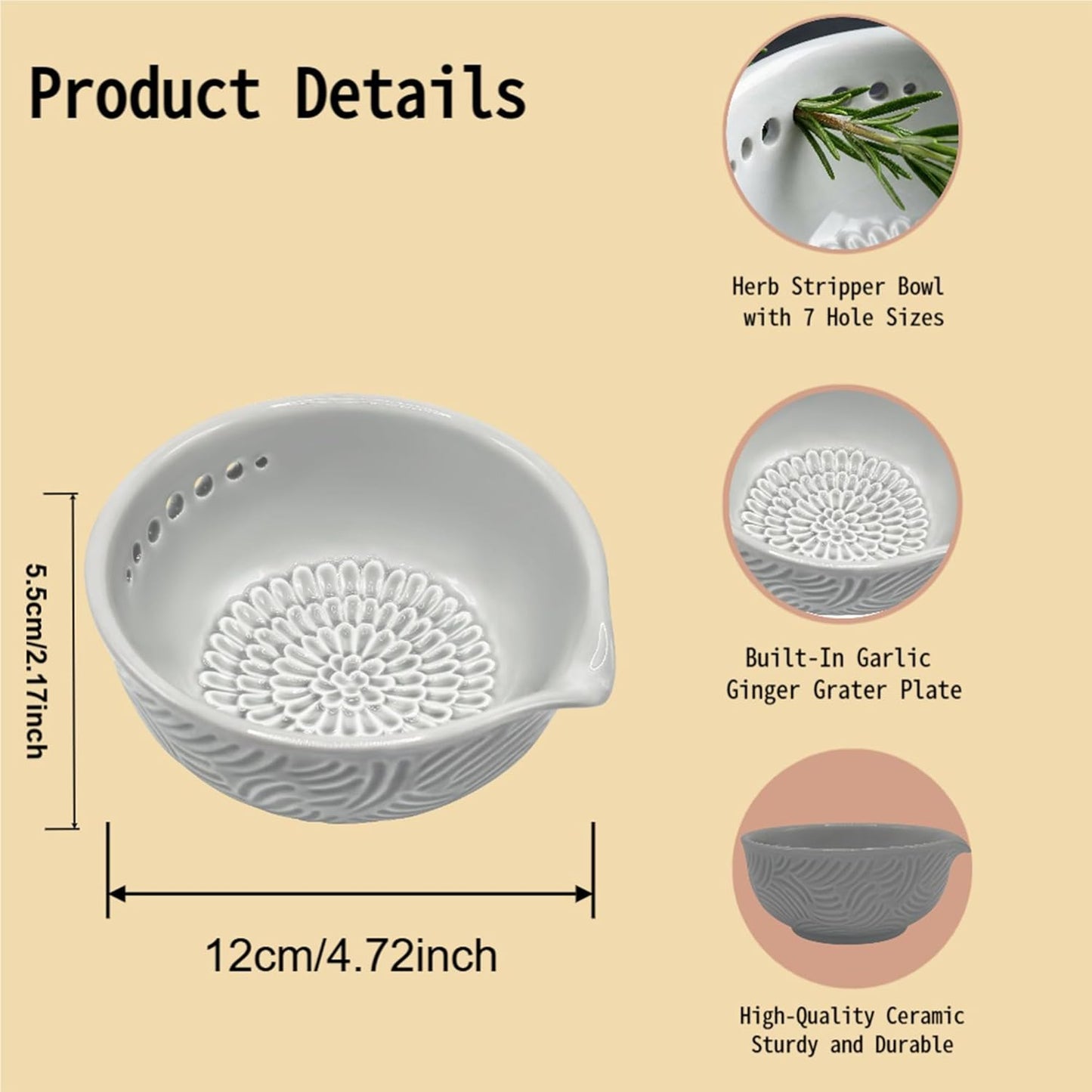 Ceramic Herb Stripper Bowl and Garlic Grater, 2-in-1 Handmade Herb Bowl with 7 Hole Sizes for Kale, Built-In Garlic Ginger Grater Plate Tool, Multi-functional Kitchen Tool with Drainage Port (1 Pcs)