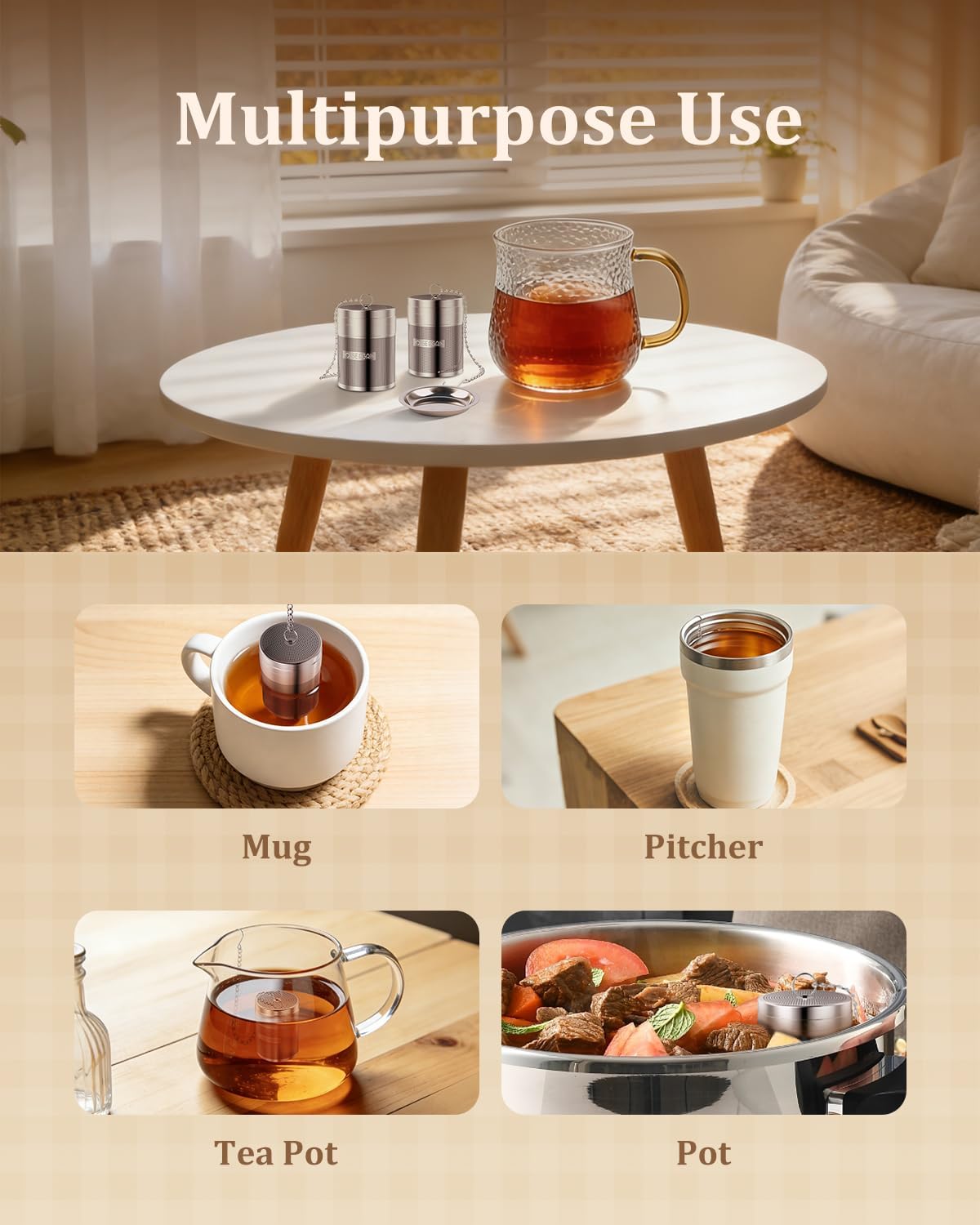 House Again Tea Infusers, Extra Fine Mesh Tea Strainers for Loose Tea, Updated Slim Threaded Lid & 304 Stainless Steel, Loose Leaf Tea Steeper for Brew Tea Spices & Seasonings