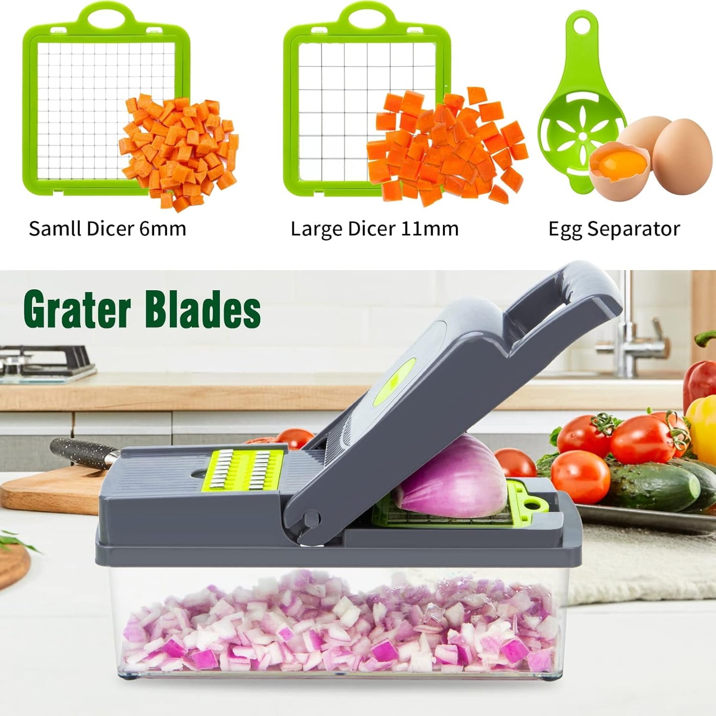 Multifunction Vegetable Chopper, 8 Blades Vegetable Slicer, Onion Chopper Cutter Dicer Egg Separator Grater Slicer with Push Button, Hand Guard, Large Capacity Container