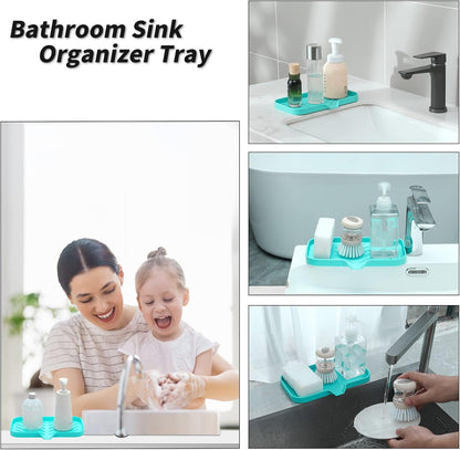 MicoYang Silicone Soap Dish with Drain Spout, Self-Draining Sink Organizer Tray for Bathroom and Kitchen, Sponges, Dispensers and Soap Holder, Non-Slip and Dishwasher Safe, Black (Compact, 4.9"×3.2")