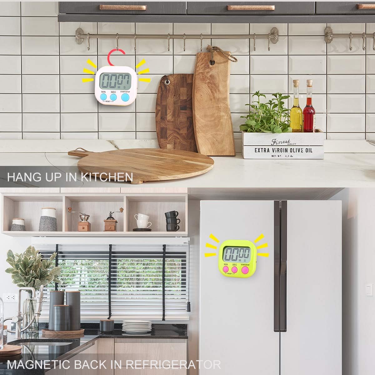 Kitchen Timer Digital for Teachers Kids Cooking with Magnetic and ON/Off Switch and Count Up Countdown, Stopwatch Timer with Stand/Hook, Simple Operation, 2 Pack, White and Green
