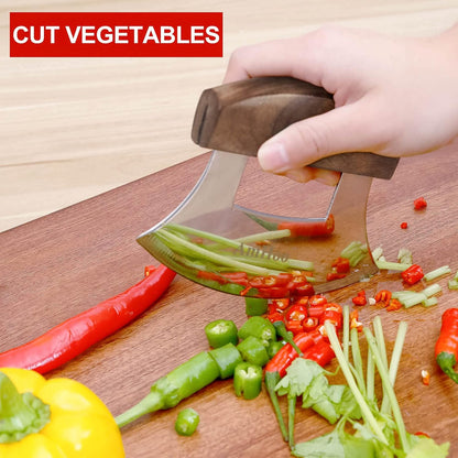 Amhoo Pizza Cutter Chef Mezzaluna Ulu Knife Handle Color Wood Grip Sharp Rocker Slicer Stainless Steel Blade Salad Onion Vegetable Chopper with Holder Base Christmas Gifts