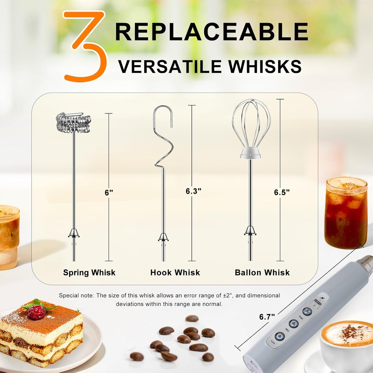 YUSWKO Black Handheld Milk Frother Wand for Coffee, Rechargeable Electric Whisk with 3 Heads 3 Speeds Drink Mixer Coffee Frother For Latte, Cappuccino, Hot Chocolate, Egg