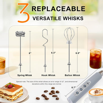 YUSWKO Black Handheld Milk Frother Wand for Coffee, Rechargeable Electric Whisk with 3 Heads 3 Speeds Drink Mixer Coffee Frother For Latte, Cappuccino, Hot Chocolate, Egg