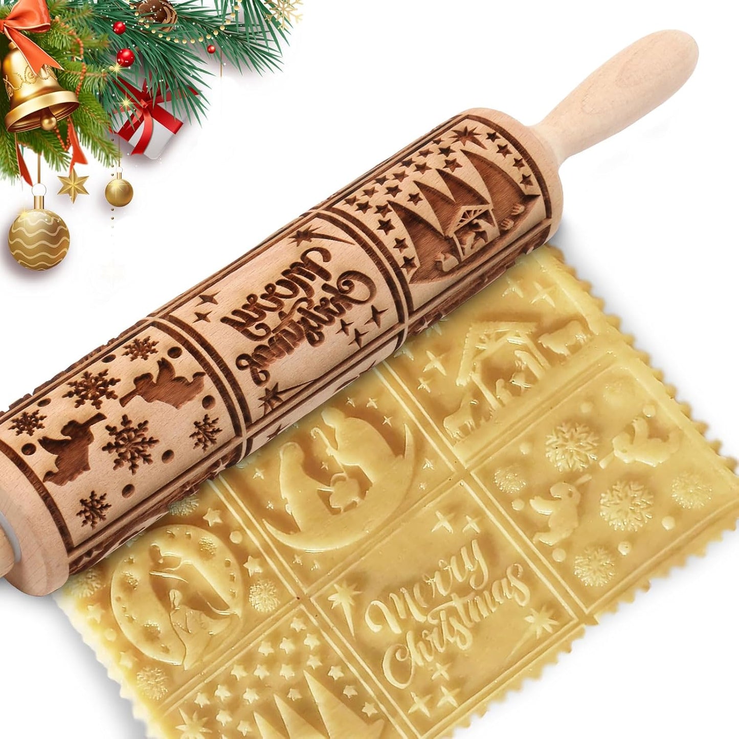 Floral Vine Embossed Rolling Pins for Cookies, Wooden Engraved Rolling Pins for Baking, Embossing Rolling Pins with Designs, Patterned Rolling Pin Decorative Springerle Mold Stamp Clay Pattern Roller