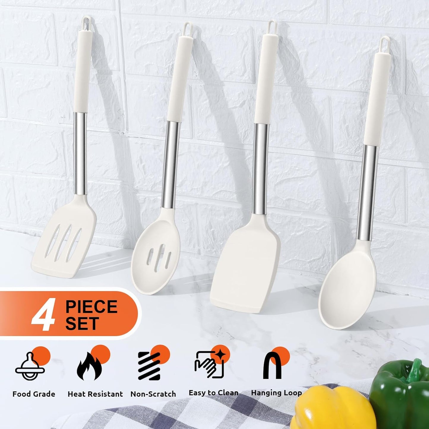 E-far Cooking Utensils Set of 4, Silicone Kitchen Utensils for Non-stick Cookware, Heat Resistant & Non-toxic Slotted Spatula Solid Spoon Turner for Flipping Mixing Serving Basting(Black)