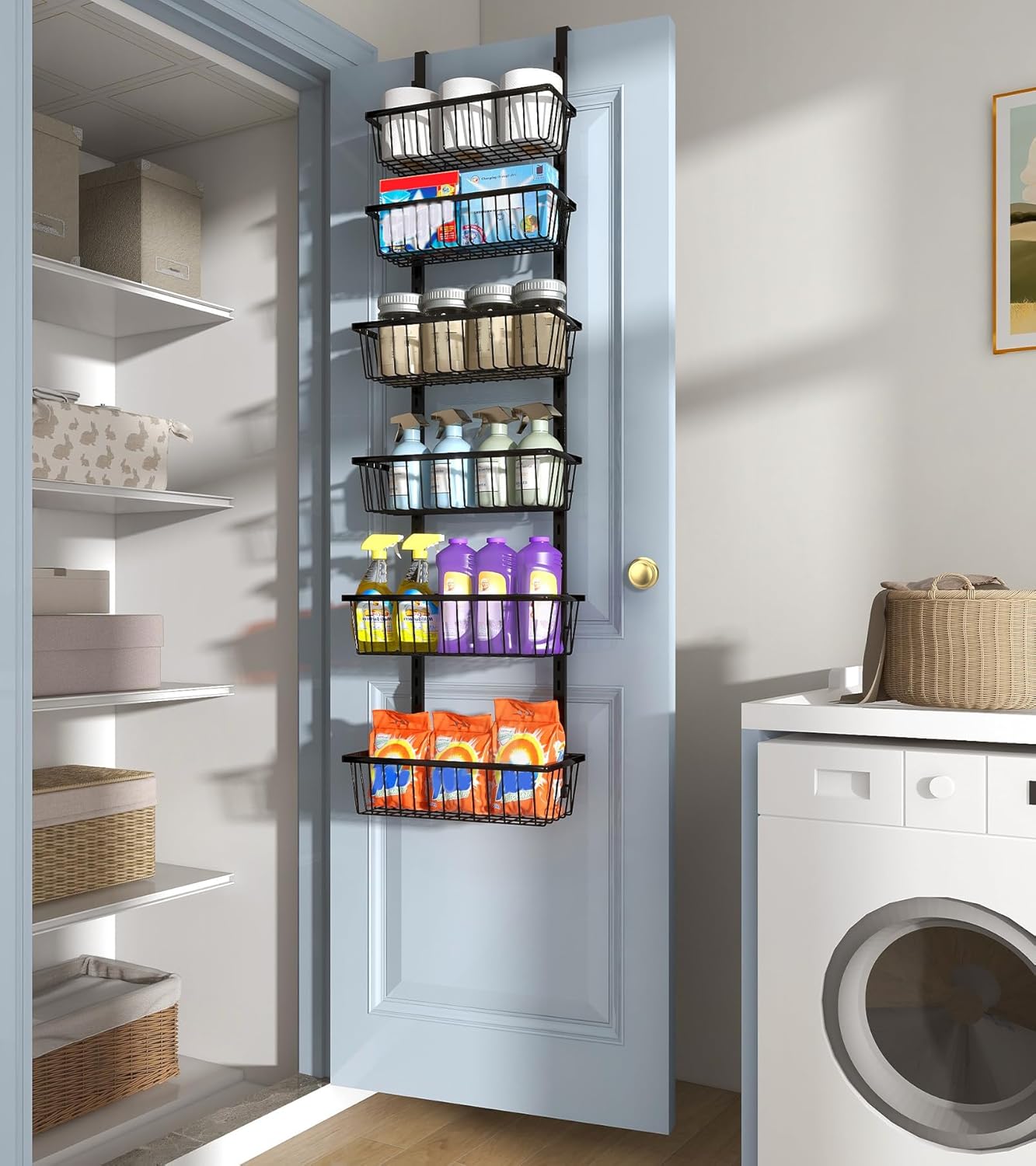 Mefirt White 9-Tier Over The Door Pantry Organizer, Pantry Organization and Storage, Deep Baskets Hanging Heavy-Duty Metal, Wall Spice Rack Seasoning Shelves for Home & Kitchen, Laundry Room Bathroom