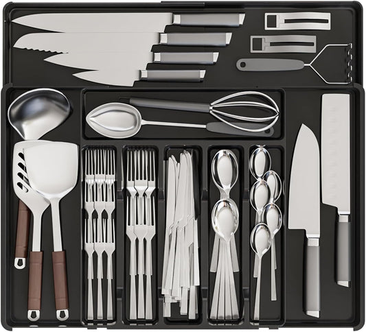Clear Expandable Silverware Organizers for Kitchen Drawers,Large BPA Free Cutlery Organizer in Drawer,Plastic Utensil Drawer Organizer Suitable as Flatware,Knife,Fork,Spoon,Silverware Holder and Tray