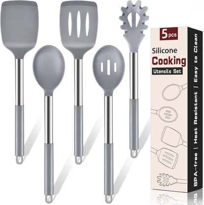 5Pcs Silicone Cooking Utensils Set, Heat Resistant Kitchen Tools Include Solid&Slotted Spatula, Cooking Spoon and Pasta Server, Silicone Kitchen Utensils set for Nonstick Cookware Flipping, Black
