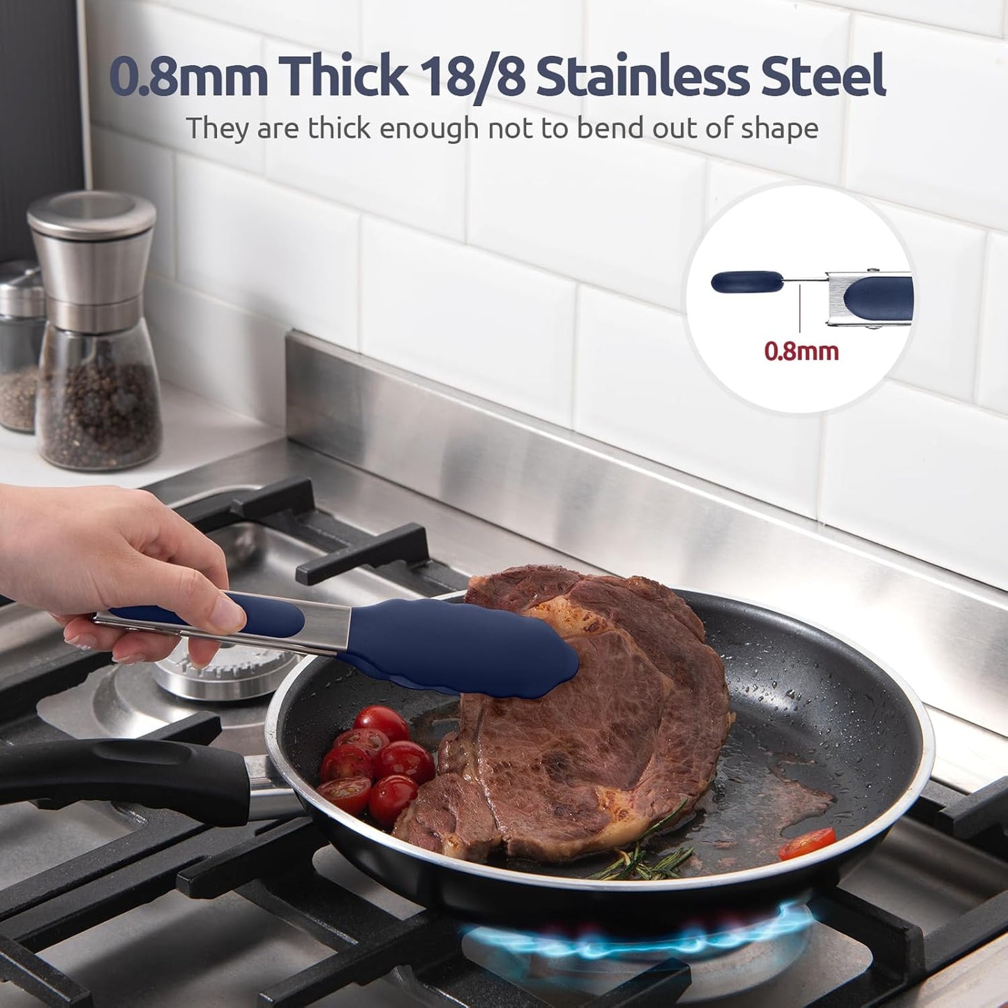600ºF Heat Resistant Kitchen Tongs: U-Taste 9 inch Silicone Cooking Tong with Firm Sealed Non Stick Rubber Tips & Silicon Coated 18/8 Stainless Steel Handle & Smooth Locking for Serving Salad (Black)