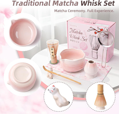 6-Piece Matcha Whisk Set Pink, 18oz Matcha Bowl with Spout, Bamboo Whisk and Chasen Holder, Pink Matcha Kit, Cute Macha Gift Set for Women & Matcha Lovers Starters, Mother's Day Gift