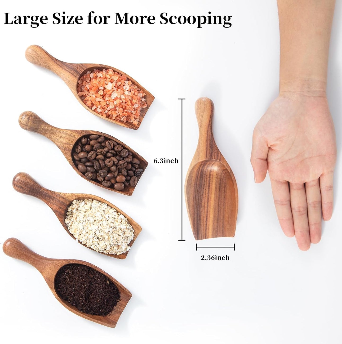 Large Wooden Scoop 1PCS - 6.3Inches Wood Scoop for Coffee Bean Sugar Tea Powder Bath Salt Laundry Detergent, Multipurpose Kitchen Flour Scoop for Big Jars Canisters