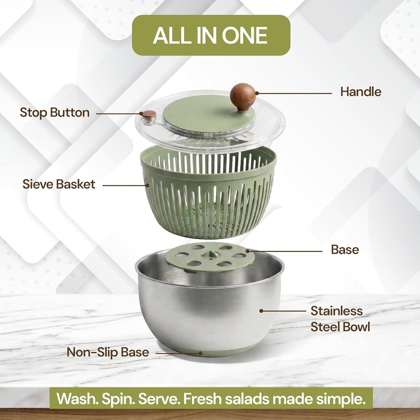 5.3QT Stainless Steel Salad Spinner - Large Salad Spinner with Non-Slip Base, Drain Hole and Stop Button- Dish Washer Safe Vegetable Spinner