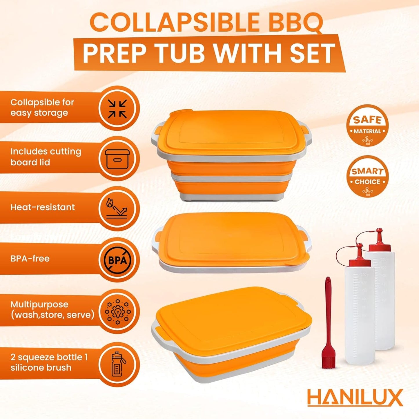 Collapsible BBQ Prep Tub, Meal Prep, Marinating Food Container, W/Cutting Board, Multi-Function Grill Caddy W/Colander & Lid, 8L Tub With/2 Squeeze Bottles1 Silicone Brush for Picnic- Camping-