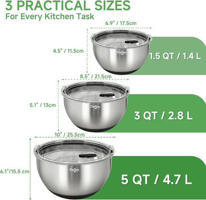 Mixing Bowls with Airtight Lids, Stainless Steel Nesting Bowl Set with Clear Lids & Valve, 3 Essential Sizes (1.5/3/5 QT), Measurement Marks, Non-Slip Silicone Base, Food Prep & Fridge Storage, Black