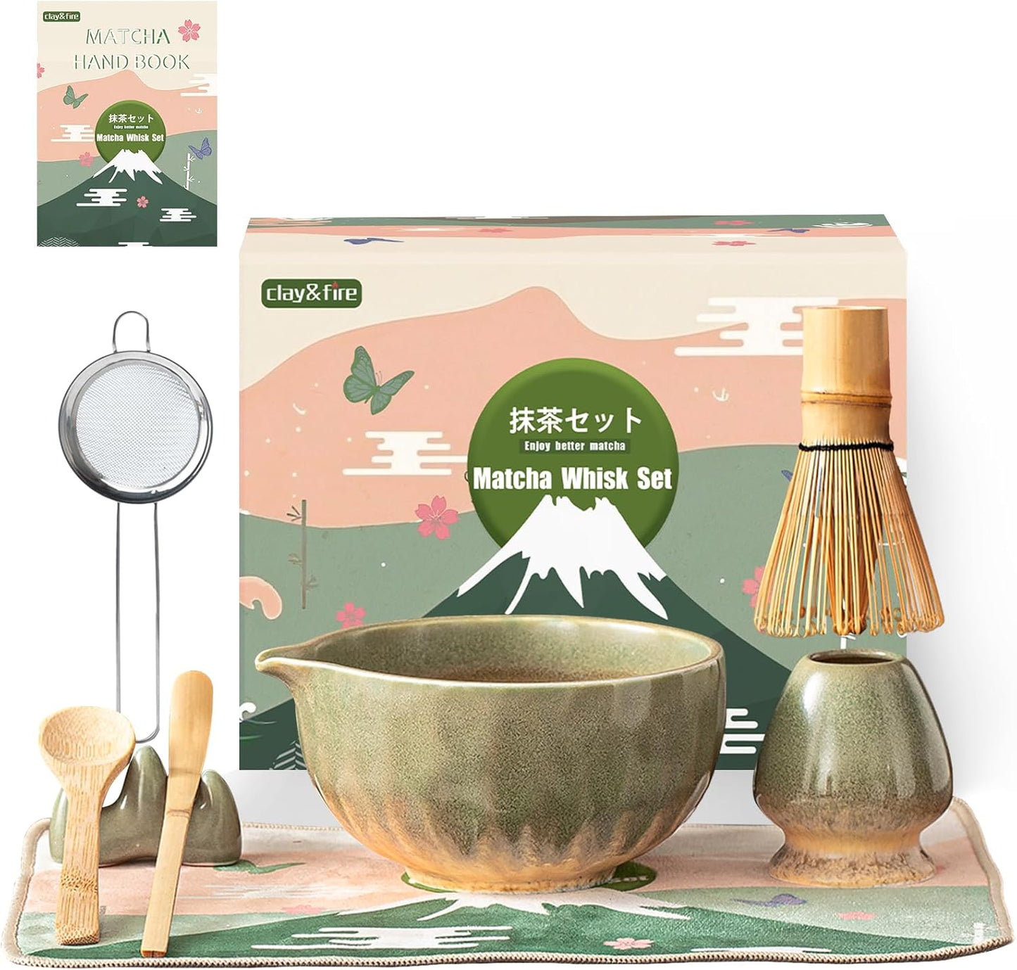 Clay&Fire Matcha Whisk Set, 9 pcs Ceramic Matcha Set, Gifts for Women,Matcha Bowl with Spout and Whisk, Matcha Kit for Matcha Lovers, Gift Mother's Day, Birthday, Anniversary