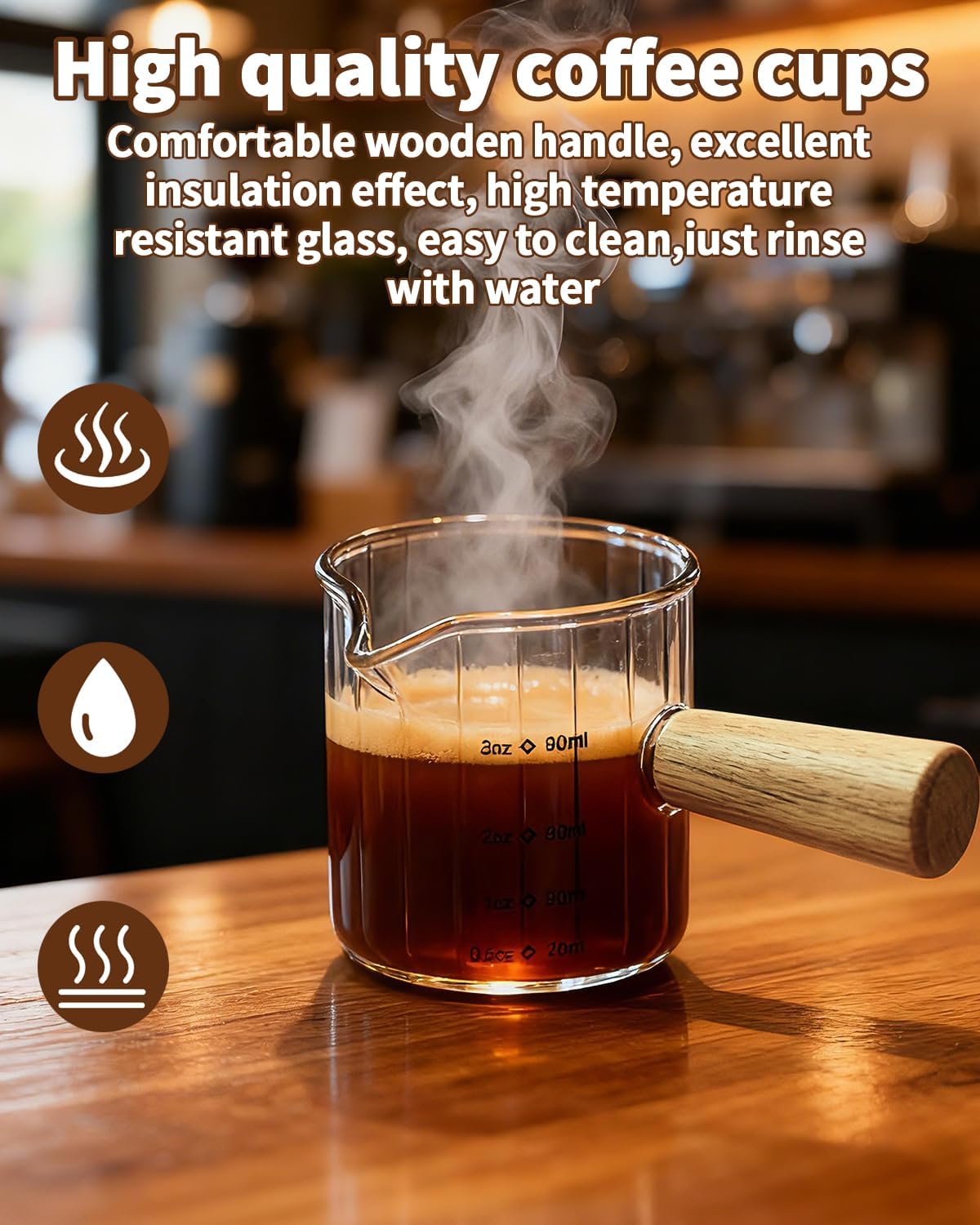 Espresso Measuring Cup 6 Oz, Espresso Glass Cups with Wood Handle, Milk Frothing Cup, Espresso Cup for Coffee, Milk, Tea or Maple Syrup Serving