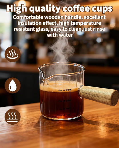 Espresso Measuring Cup 6 Oz, Espresso Glass Cups with Wood Handle, Milk Frothing Cup, Espresso Cup for Coffee, Milk, Tea or Maple Syrup Serving