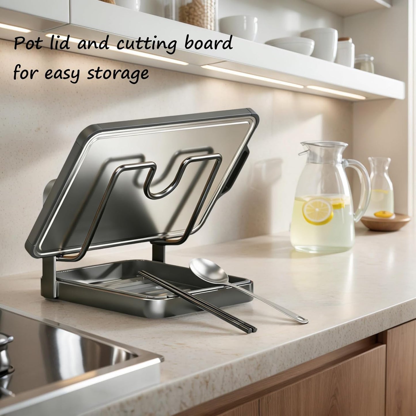 Kitchen Pot Lid Storage Rack, Stainless Steel Pot Lid Holder While Cooking for Countertop, Multifunctional Pots Lids Organizer Rack with Removable Drip Tray for Spatulas, Ladles & Large Lids (Gray2)