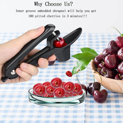 Cherry Pitter-Jusanice Stainless Steel Cherries Corer Pitters Tool with Hand-held Push Design, Save Time & Space for Making Cherry Jam with Lock Design (Black)